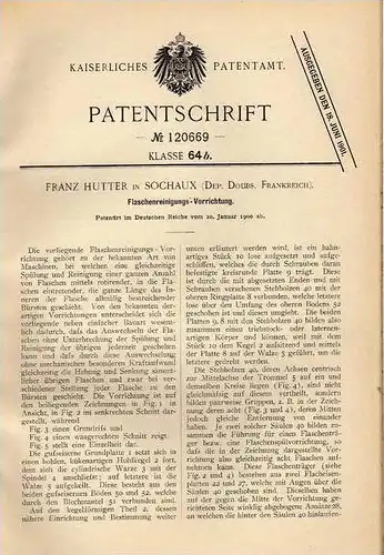 Original Patentschrift - F. Hutter in Sochaux , Doubs , 1900 , Maschine zur Reinigung von Flaschen !!!