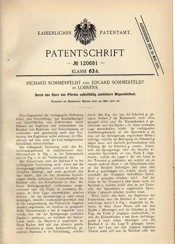 Original Patentschrift - R. Sommerfeldt in Lobsens , 1900 , auslösbare Wagendeichsel bei Sturz vom Pferd , Kutsche !!!