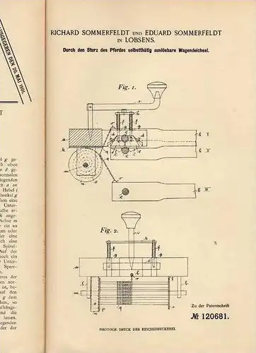 Original Patentschrift - R. Sommerfeldt in Lobsens , 1900 , auslösbare Wagendeichsel bei Sturz vom Pferd , Kutsche !!!