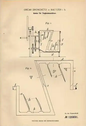 Original Patentschrift - O. Droschütz in Bautzen i.S., 1900 , Teigknetmaschine , Bäcker , Bäckerei !!!