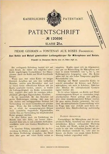 Original Patentschrift - P. Germain in Fontenay aux Roses , 1898 , Mikrophone , Mikrofon !!!