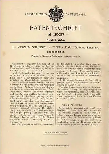 Original Patentschrift - Dr. V. Wiessner in Freiwaldau , 1900 , Körper , Skelett , Geradehalter , Wirbelsäule , Arzt !!!