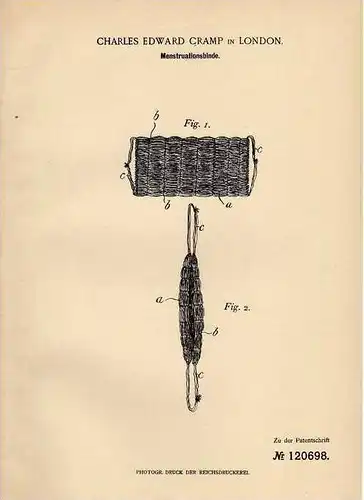 Original Patentschrift - Binde für Menstruation , Tampon , Regelblutung , 1900 , C. Cramp in London !!!
