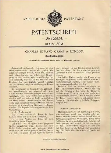 Original Patentschrift - Binde für Menstruation , Tampon , Regelblutung , 1900 , C. Cramp in London !!!