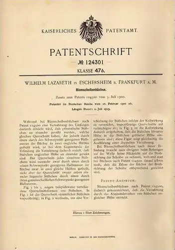 Original Patentschrift - W. Lazareth in Eschersheim b. Frankfurt a.M., 1901 , Riemscheibenbüchse !!!