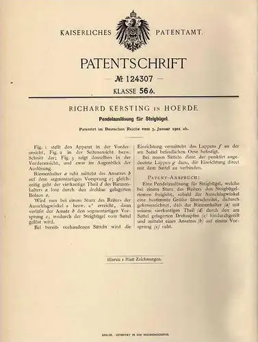 Original Patentschrift - R. Kersting in Hoerde , 1901 , Steigbügel , Pferd , Pferde !!!