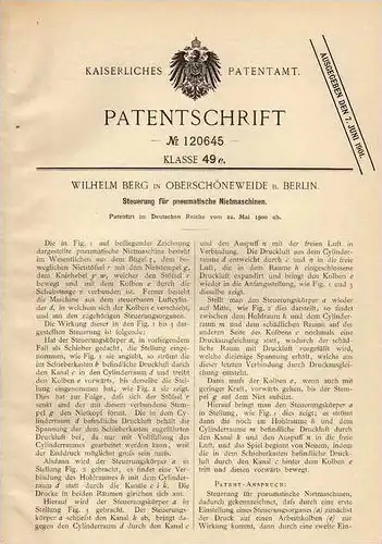 Original Patentschrift - W. Berg in Oberschöneweide b. Berlin , 1900 , Steuerung für Nietmaschinen , Nieten , Niet !!!
