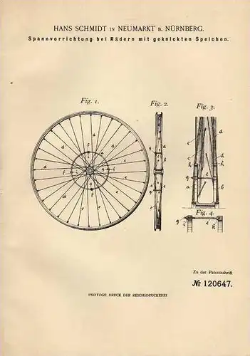Original Patentschrift - H. Schmidt in Neumarkt b. Nürnberg , 1900 , Räder mit geknickten Speichen , Spanner !!!
