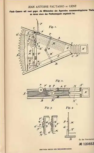 Original Patentschrift - J. Pautasso in Genf , 1899 , Flach - Camera , Photographie !!!