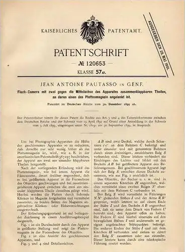 Original Patentschrift - J. Pautasso in Genf , 1899 , Flach - Camera , Photographie !!!