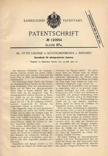 Original Patentschrift - Dr. Lischke in Kötzschenbroda b. Dresden , 1900 , photographische Camera , Photographie !!!