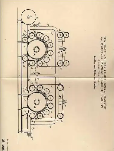 Original Patentschrift - T. Pratt in Shipley und Fairfield , 1900 , Maschine für Gewebe !!!