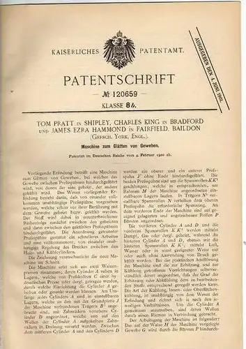 Original Patentschrift - T. Pratt in Shipley und Fairfield , 1900 , Maschine für Gewebe !!!
