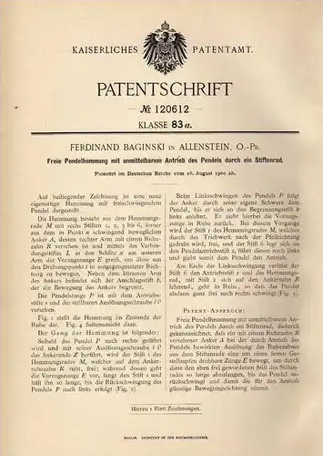 Original Patentschrift - F. Baginski in Allenstein , O.-Pr., 1900 , Pendel mit Antrieb !!!