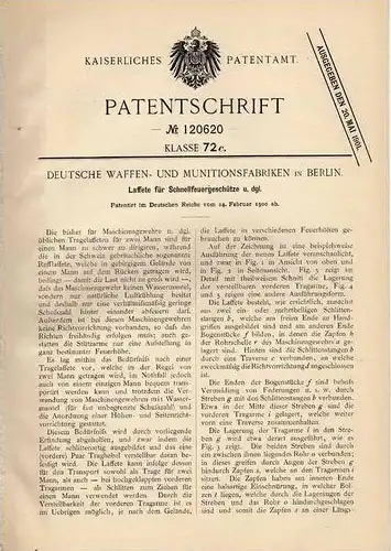 Original Patentschrift - Deutsche Waffen- und Munitionsanstalt in Berlin , 1900 , Lafette für Schnellfeuergeschütz !!!