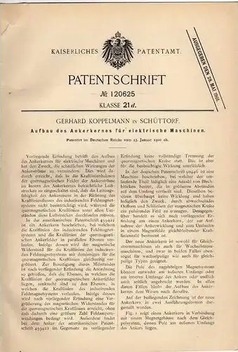 Original Patentschrift - G. Koppelmann in Schüttorf , 1900 , Anker für elektrische Maschinen !!!