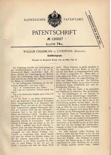 Original Patentschrift - W. Chadburn in Liverpool , 1899 , Telegraph für Schiffe , Schiffstelegraph !!!