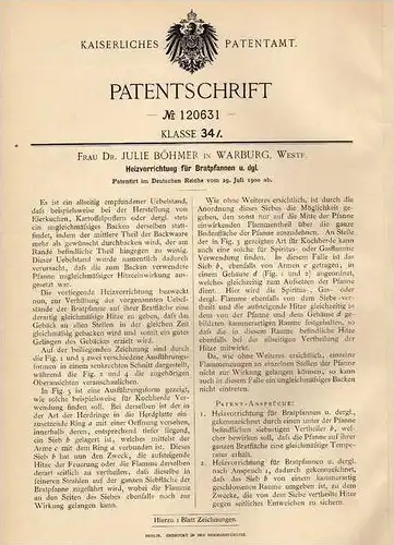 Original Patentschrift - Dr. J. Böhmer in Warburg , Westf., 1900 , Bratpfanne , Pfanne !!!