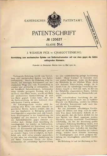 Original Patentschrift - J. Pick in Charlottenburg , 1900 , Saiteninstrument , Zither , Harfe !!!
