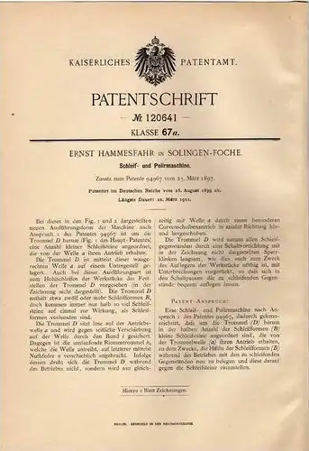 Original Patentschrift - E. Hammesfahr in Solingen - Foche , 1899 , Schleif- und Poliermaschine !!!