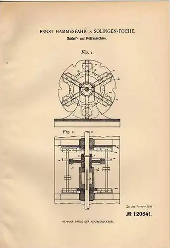 Original Patentschrift - E. Hammesfahr in Solingen - Foche , 1899 , Schleif- und Poliermaschine !!!