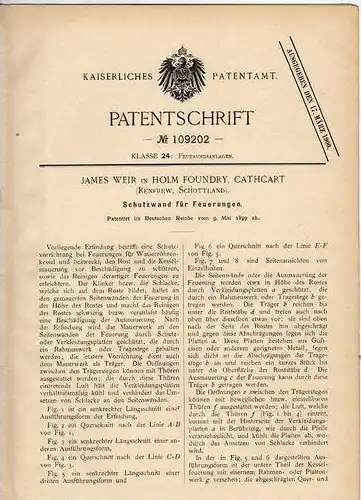 Original Patentschrift - J. Weir in Holm Foundry , Cathcart , 1899 , Schutzwand für Feuerung , Heizung !!!