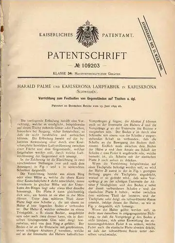 Original Patentschrift - H. Palme in Karlskrona , 1899 , Halter für Lampen , Lampenfabrik  !!!