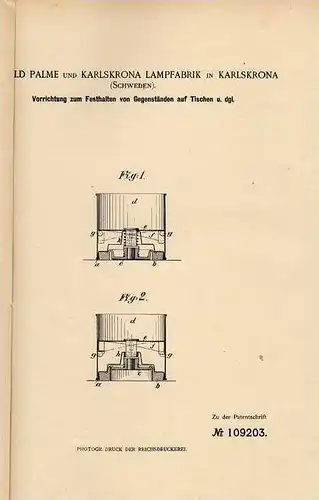 Original Patentschrift - H. Palme in Karlskrona , 1899 , Halter für Lampen , Lampenfabrik  !!!