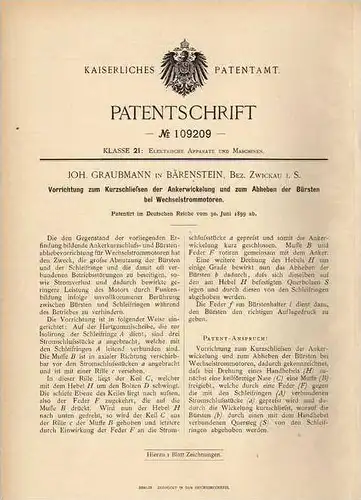 Original Patentschrift - J. Graubmann in Bärenstein , Bez. Zwickau i.S., 1899 , Wechselstrommotor !!!