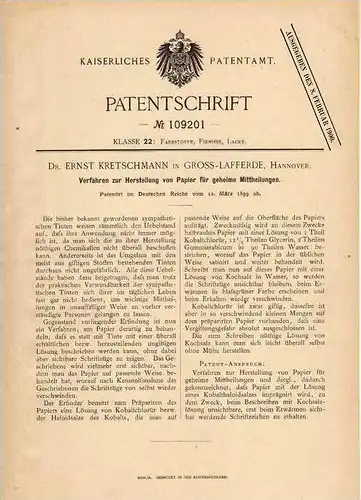Original Patentschrift - Dr. E. Kretschmann in Gross Lafferde b. Hannover , 1899 , Papier für geheime Mitteilungen !!!