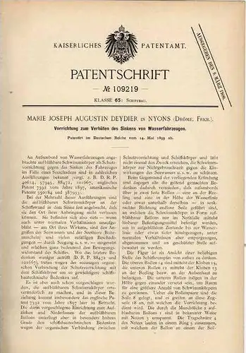 Original Patentschrift - M- Deydier in Nyons , Drome , 1899 , Sinkschutz für Schiffe , Schiff , Boote , Boot  !!!