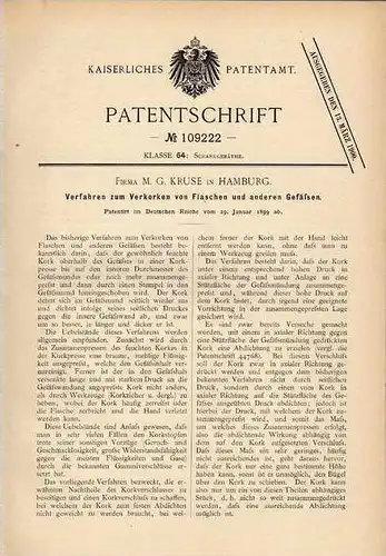 Original Patentschrift - M. Kruse in Hamburg , 1899 , Verkorken von Flaschen , Korken , Kork !!!