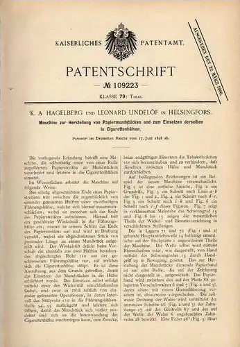 Original Patentschrift - Maschine für Cigaretten , Zigaretten , 1898 , L. Lindelöf in Helsingfors !!!