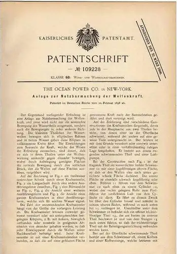 Original Patentschrift - The Ocean Power Co in New York , 1898 , Apparat zur Nutzung der Wellenkraft , Ozean , Meer !!!