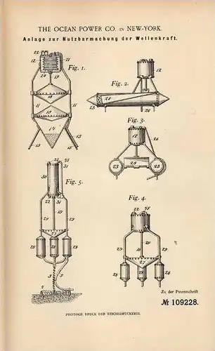 Original Patentschrift - The Ocean Power Co in New York , 1898 , Apparat zur Nutzung der Wellenkraft , Ozean , Meer !!!