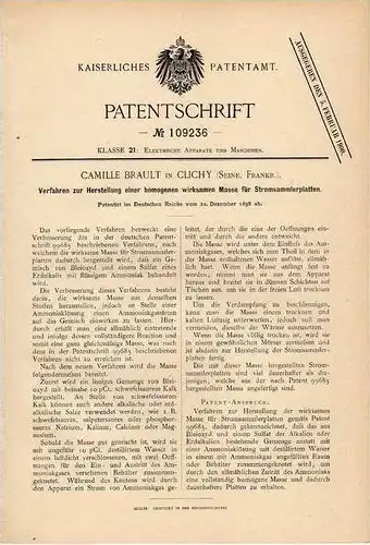 Original Patentschrift - C. Brault in Clichy , Seine , 1898 , Sammlerplatte für Strom , Batterie , Akkumulator !!!
