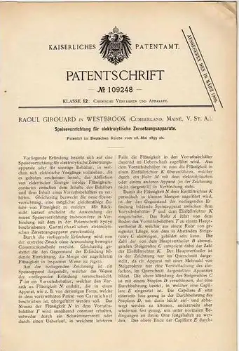 Original Patentschrift - R. Girouard in Westbrook , USA , 1899 , elekrolytischer Zersetzungsapparat !!!