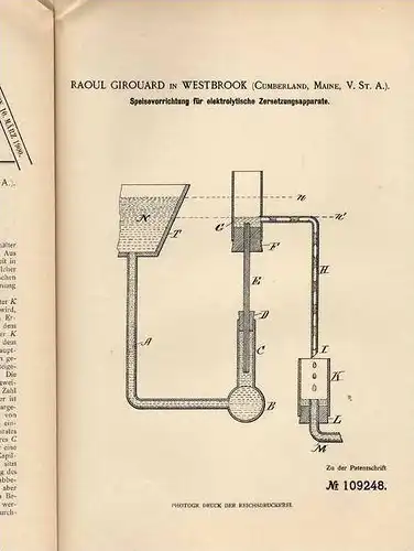 Original Patentschrift - R. Girouard in Westbrook , USA , 1899 , elekrolytischer Zersetzungsapparat !!!