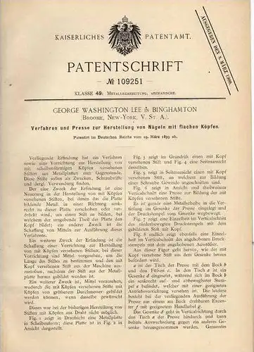 Original Patentschrift - G. Lee in Binghamton , 1899 , Presse für Nägel  !!!
