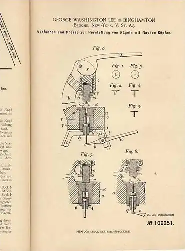 Original Patentschrift - G. Lee in Binghamton , 1899 , Presse für Nägel  !!!