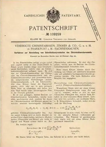 Original Patentschrift - Chininfabrik Zimmer & Co in Sachsenhausen , 1899 , Chininkohlensäure , Chemie  !!!