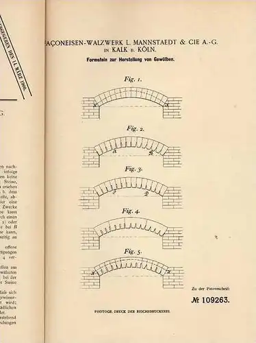 Original Patentschrift - Faquoneisen - Walzwerk in Kalk b. Köln , 1898 , Formstein für Gewölbe !!!