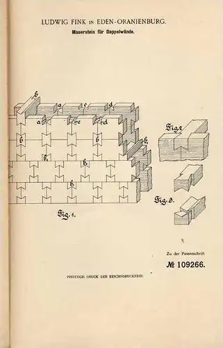 Original Patentschrift - L. Fink in Eden - Oranienburg , 1899 , Mauerstein für Doppelwände , Maurer , Bau !!!