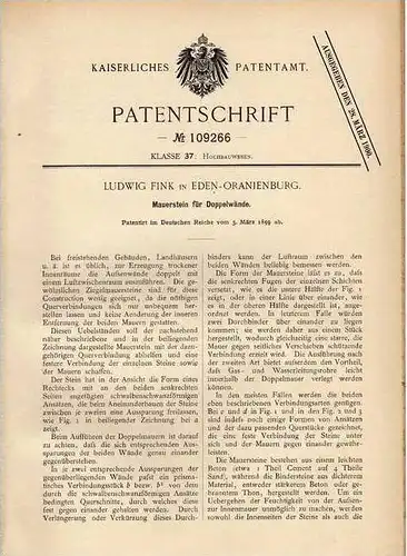 Original Patentschrift - L. Fink in Eden - Oranienburg , 1899 , Mauerstein für Doppelwände , Maurer , Bau !!!