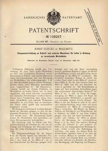 Original Patentschrift - J. Fliegel in Mallmitz , 1898 , Schleifmmaschine , Spannvorrichtung !!!