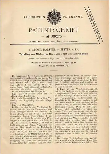 Original Patentschrift - J. Harster in Speyer a. Rh., 1899 , Apparat für Torf , Lehm und Thon !!!