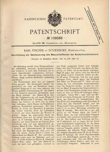 Original Patentschrift - K. Fischer in Sitzendorf , 1898 , Entwickler für Acetylen !!!