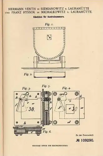Original Patentschrift - H. Venth in Siemianowitz und Michalkowitz , 1899 , Kästchen für Kontrollnummer , Lore , Bergbau