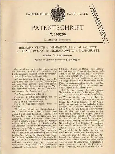 Original Patentschrift - H. Venth in Siemianowitz und Michalkowitz , 1899 , Kästchen für Kontrollnummer , Lore , Bergbau