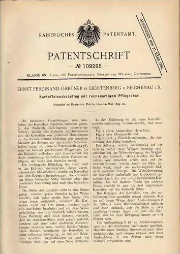 Original Patentschrift - E. Gärtner in Lichtenberg b. Reichenau i.S., 1899 , Pflug für Kartoffeln , Landwirtschaft  !!!